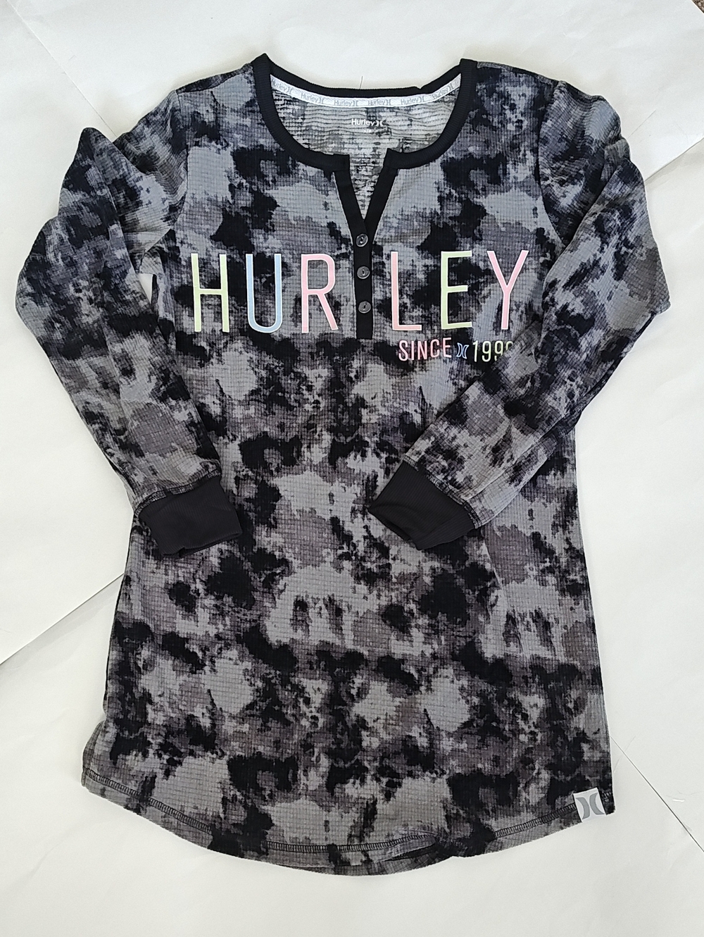 Women Hurley Black & Gray Tie-Dye Thermal Henley Shirt
